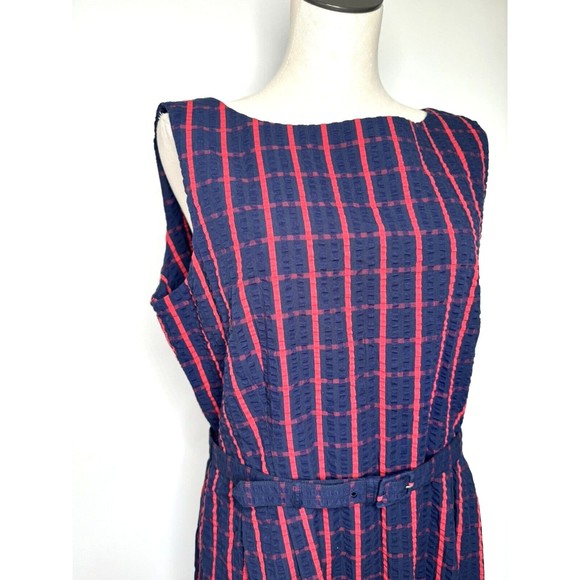 L.L. Bean Red & Blue Check Seer Sucker Sleeveless Dress Belted Size 16 - Picture 6 of 11